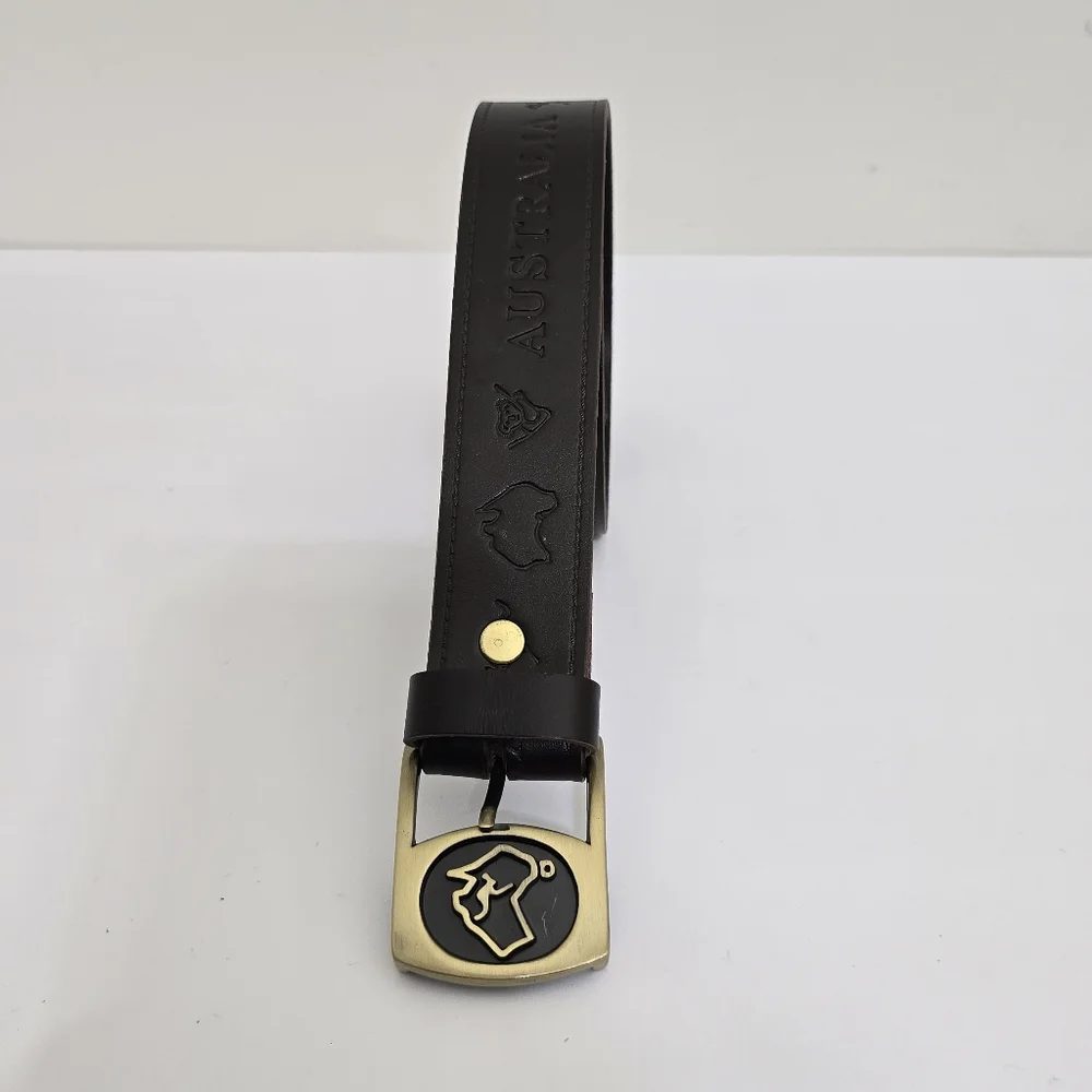 AUSTRALIA‎ belt size 36 Leather Brown Embossed Kangaroo Map Symbols Gold Buckle